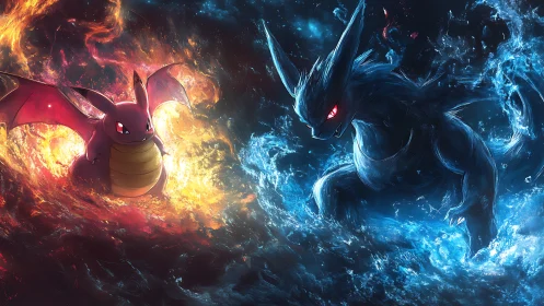 Elemental dragon duel ignites in roaring fire and tidal fury.