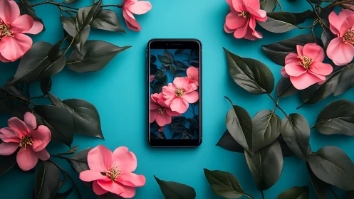 Pink Flowers and Smartphone on Turquoise Canvas.
