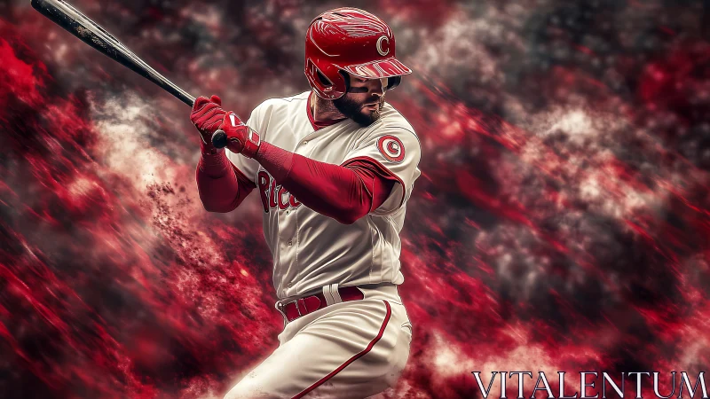 Powerful baseball hitter readies a bold swing in red motion