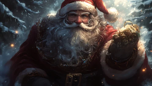 Santa Claus portrait in dramatic blizzard lighting close-up.