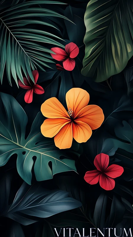 Tropical Flowers and Palm Fronds Botanical Composition Dark Background