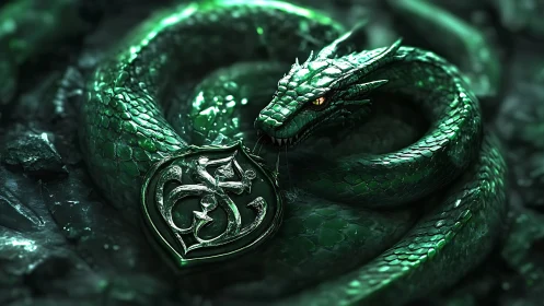 Emerald serpent guardian cradling a mysterious rune medallion.