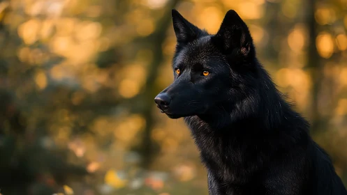 Black wolf-dog gazes through golden forest light at dusk
