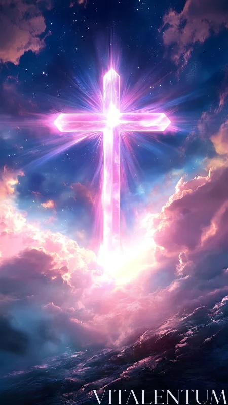 Luminous pink cross rising above clouds into night sky.