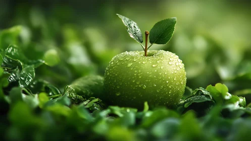 Green apple rests in lush leaves under dewy morning light.