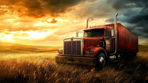 Sunset freight titan resting in storm-kissed prairie fields.