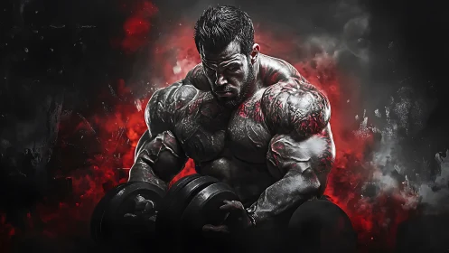 Muscular bodybuilder lifting heavy dumbbells in red smoke.