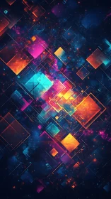 Geometric neon squares on dark abstract digital background.