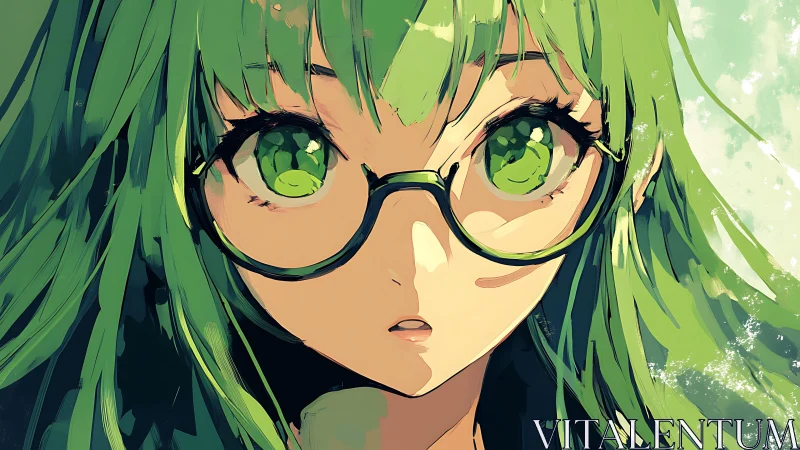 Green-haired anime girl portrait with reflective glasses.