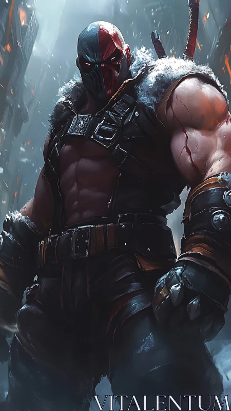 Armored cyber-brute in snowbound alley with dual-tone mask