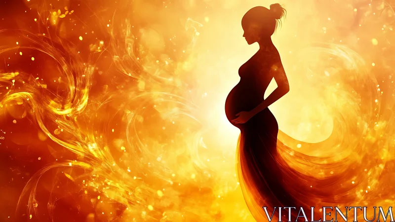 Pregnant woman silhouetted against radiant golden luminescence.