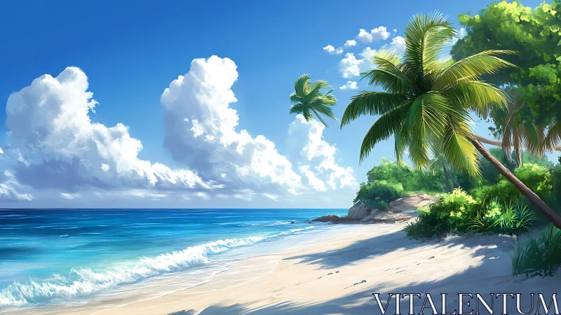 Tropical Coastal Scene with Palm Trees and Ocean.