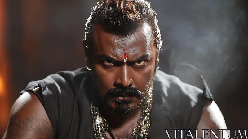 Intense warrior portrait with dramatic lighting and smoke.