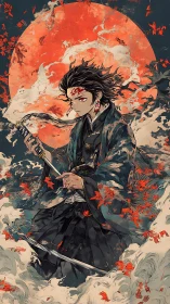 Scarlet moon bladesinger amid storm-tossed maple spirits.