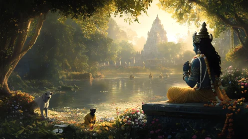 Divine blue figure meditating beside temple lake at sunrise