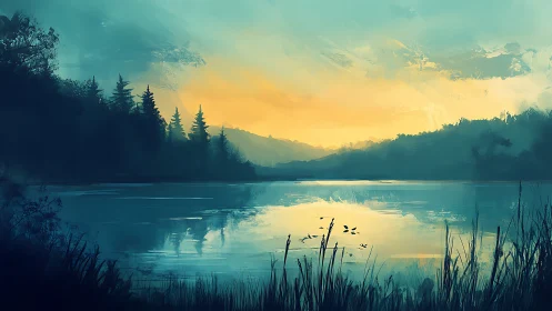 Dawn quietly rehearses its colors across the misty lake