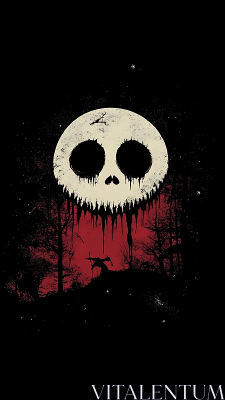 High contrast skull moon dominates stylized forest silhouette scene