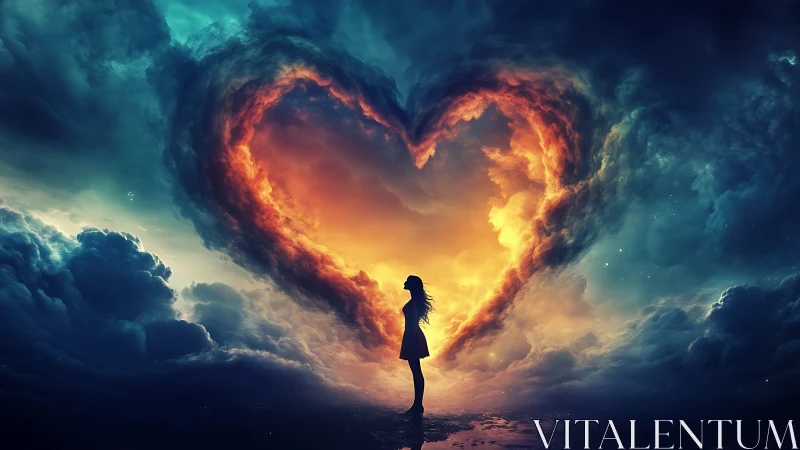 Silhouetted Figure Observing Flaming Cardiac Geometry Formation.