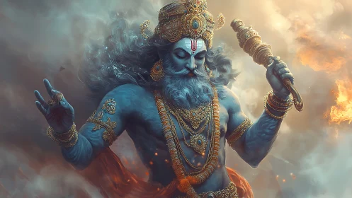 Mythic blue warrior deity in stormlit divine battle scene.