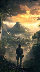 Backlit explorer surveys misty jungle valley and volcanic peak