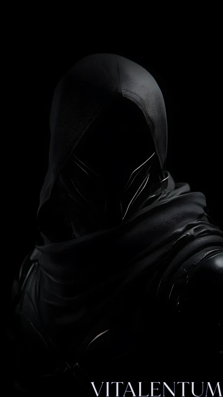Hooded armored figure rendered in high contrast darkness
