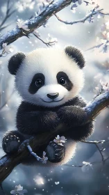Snowflake dreamer panda cuddles blossoms in moonlit boughs.