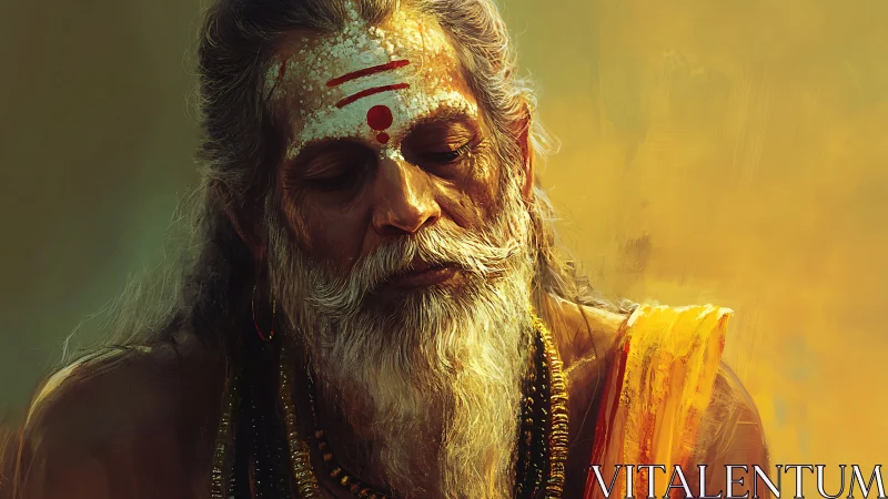 Gentle elder monk closes his eyes in quiet golden light