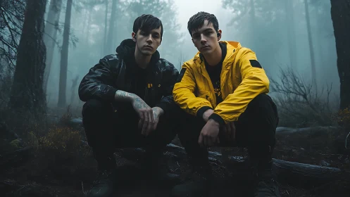 Two seated figures in forest clearing during dense fog