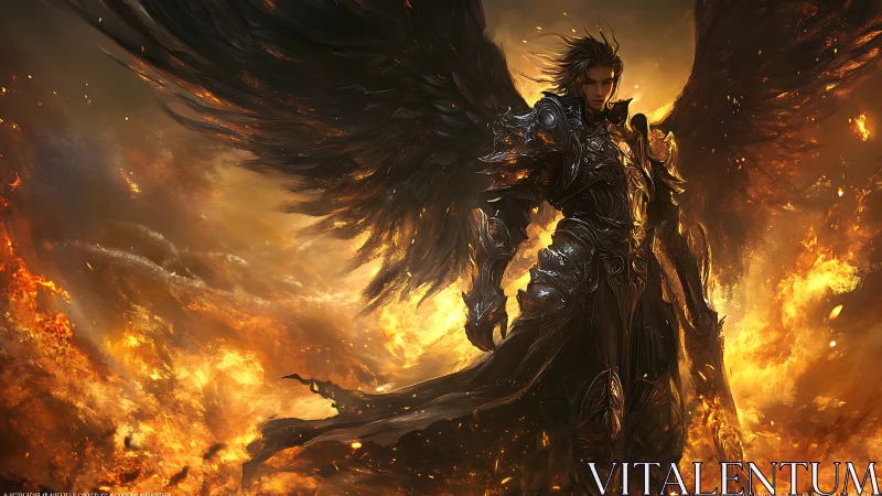 Dark winged guardian rising from swirling golden flames.