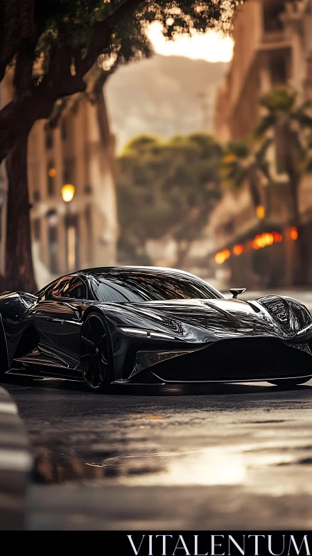 Sleek black supercar glides through a glowing city street
