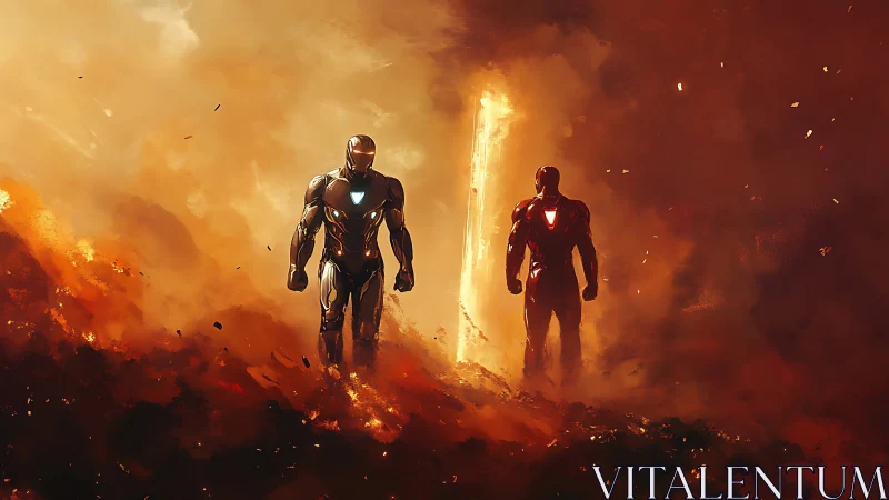 Steel guardians stride through firelit sci‑fi wasteland.