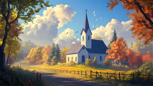 Sunlit country church rests quietly in glowing autumn hills