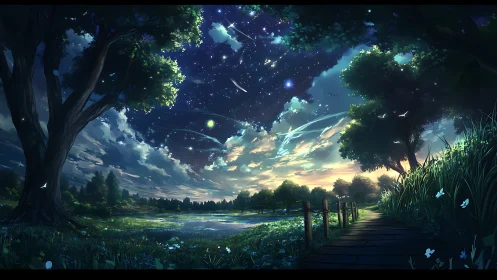 Starlit riverbank listens quietly as comets write dusk songs