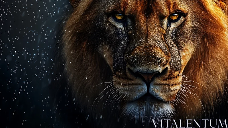Lion portrait glows under rain with intense golden gaze.