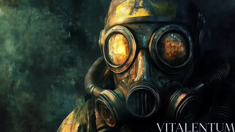 Postapocalyptic soldier in weathered gas mask stares ahead