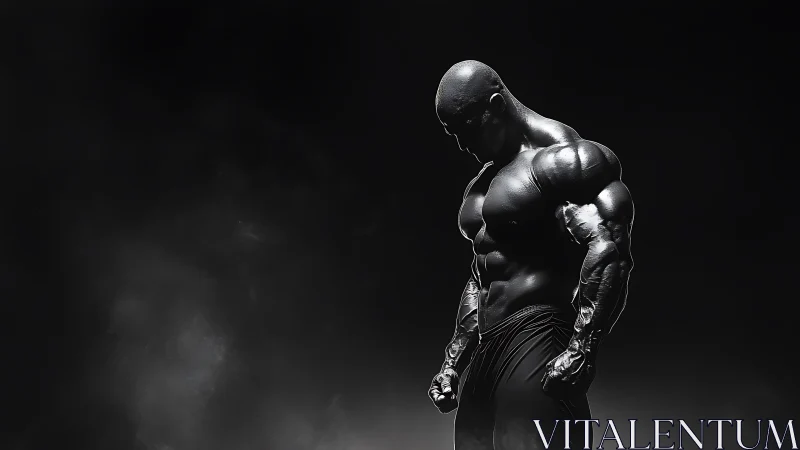 Monochrome titan bowed in shadowy gym-light silence.