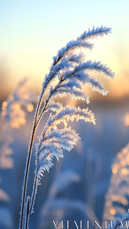 Frost covered grass stems against soft winter sunrise.