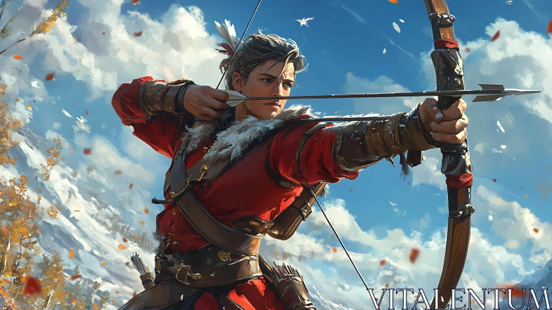 Heroic archer draws bow in windswept alpine battlefield scene.