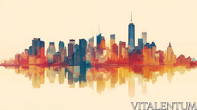 Digital painting skyline with mirrored chromatic city massing.