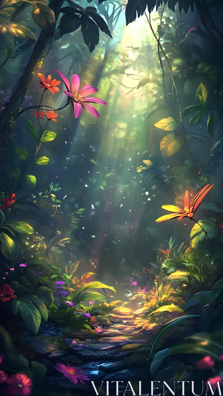 Lush fantasy forest path with glowing flowers and light.