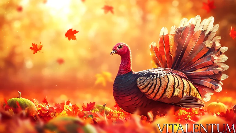 Autumn-lit wild turkey with fanned tail plumage in shallow depth-of-field