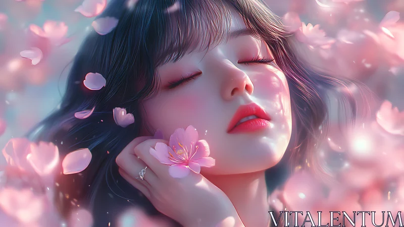 Soft-focus digital portrait captures serene cherry blossom reverie