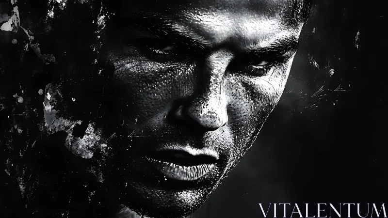 Male face rendered in high contrast monochrome close up