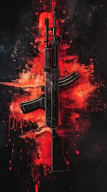 Striking rifle silhouette against bold red splatter backdrop.