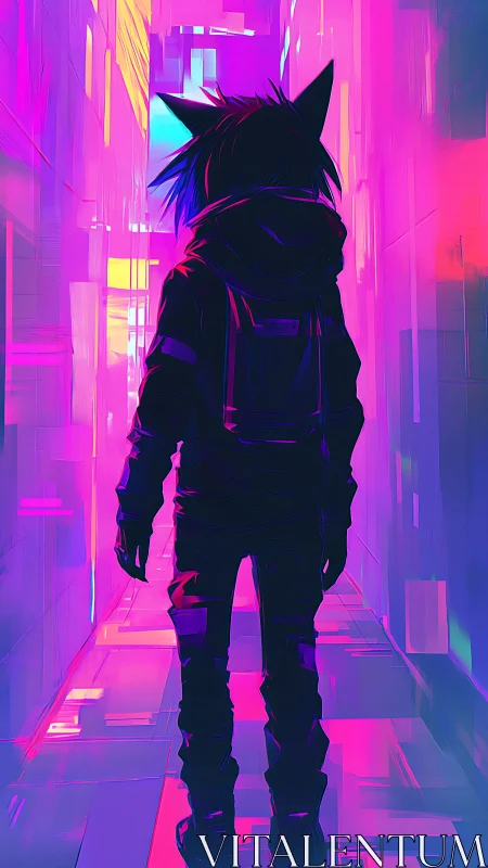 Silhouetted figure in neon alleyway with stylized cat ears.