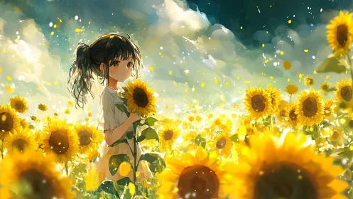 Sun-dazed girl wandering a glitter-bright sunflower ocean.