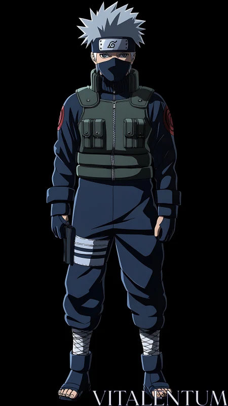 Masked silver-haired ninja in tactical vest on black ground.