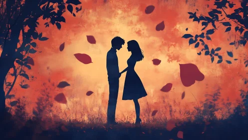 Silhouetted Couple in Autumn. Golden Hour Romance.