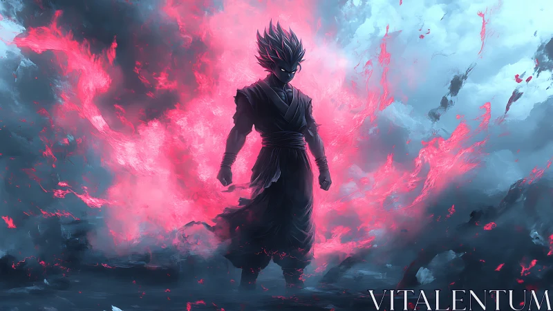 Stormlit warrior strides through wildfire sky in neon rage