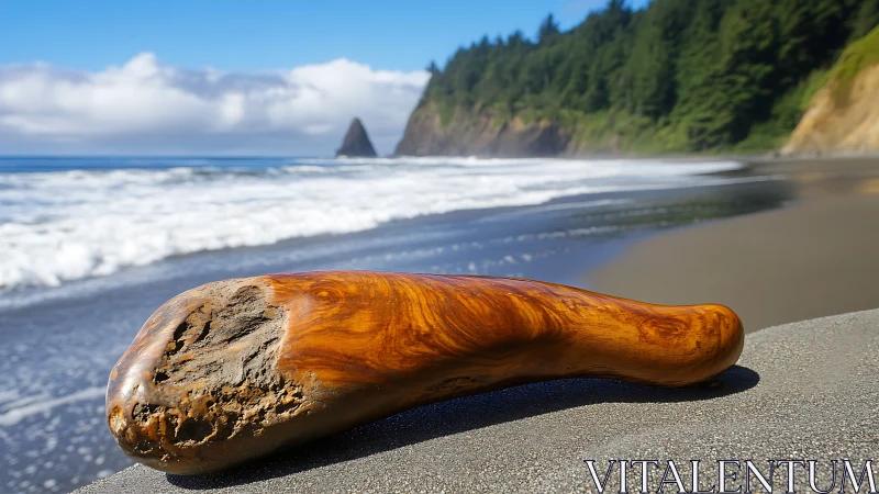 Polished driftwood log on wet Pacific shoreline under clear sky